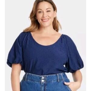 Ava & Viv NWT 3X Plus Puff Sleeve Eyelet Knit Blouse Top Navy Blue Cottagecore